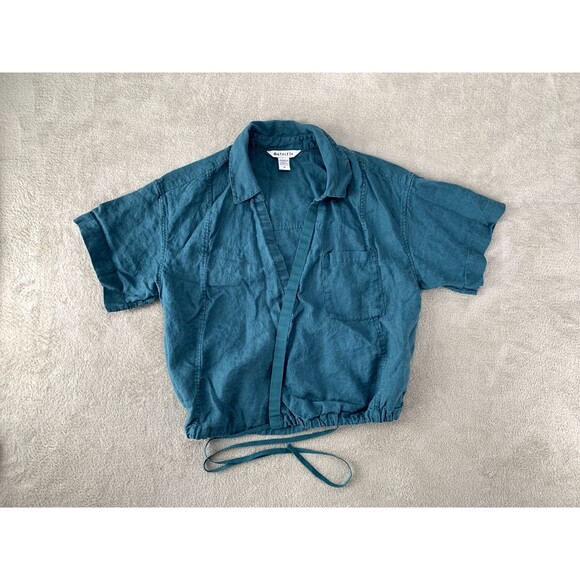 Athleta Women's Playa Tie Front Short Sleeve Linen Top Borealis Green Medium - Picture 1 of 12